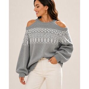 INVOLAND Gray Fair Isle Cutout Cold Shoulder Sweater Lantern Sleeves Plus 22W